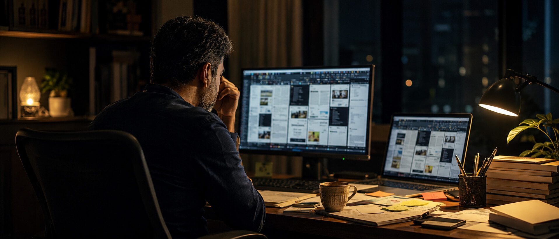 A founder late at night, surrounded by open notebooks, courses, and too many browser tabs