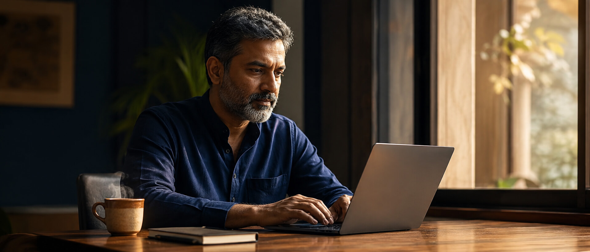 A second-innings founder at work in a calm, ordered workspace
